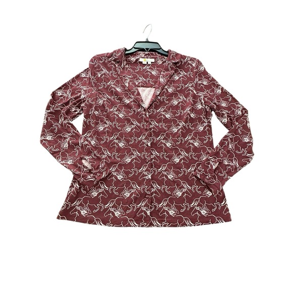 Boden Blouse Button Shirt Long Sleeve Horses Maroon Sz 10 Equestrian Top #DD3-5 - Picture 10 of 10